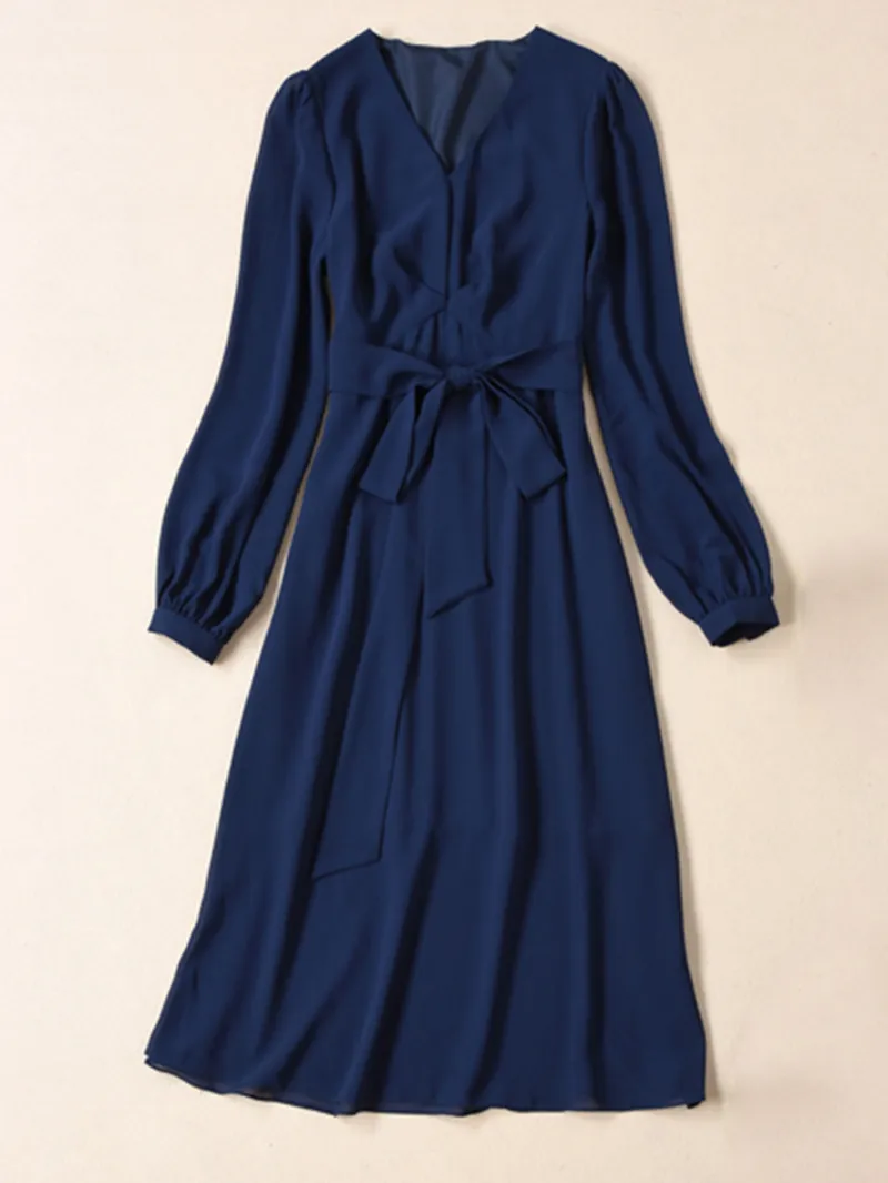 Kate Middleton Princess Blue Women A-Line Dress Elegant Long Sleeve Midi Dresses With Sashes