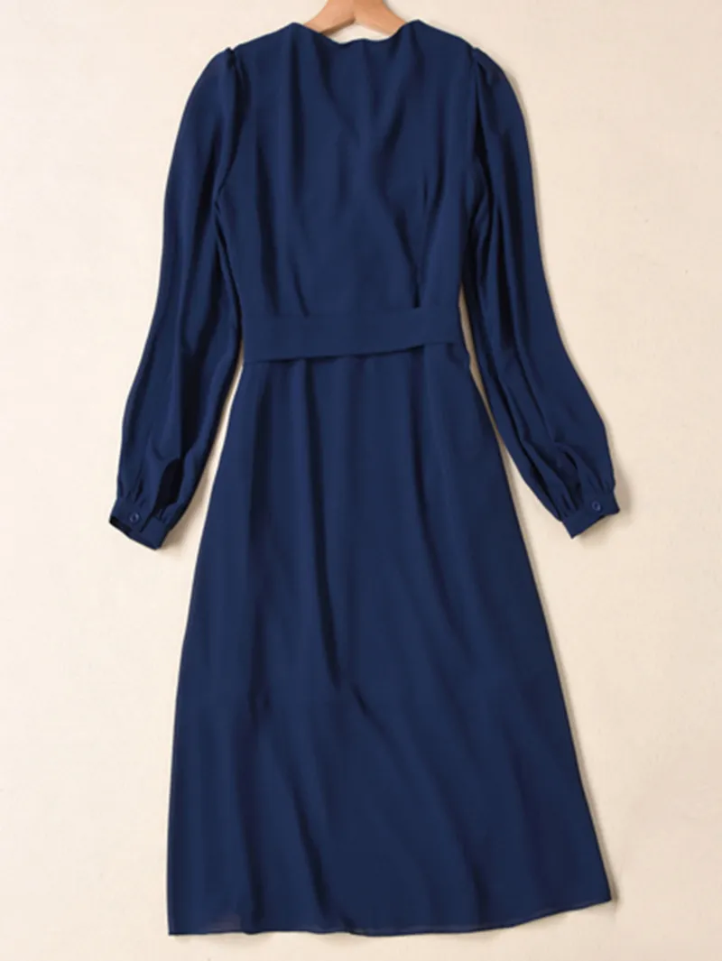 Kate Middleton Princess Blue Women A-Line Dress Elegant Long Sleeve Midi Dresses With Sashes