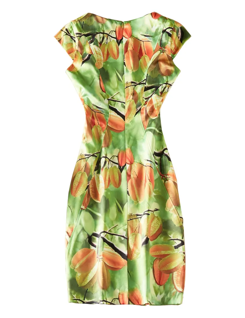 Carambola Print Women Sheath Dress Round Neck Cap Sleeve Casual Dresses 04K885