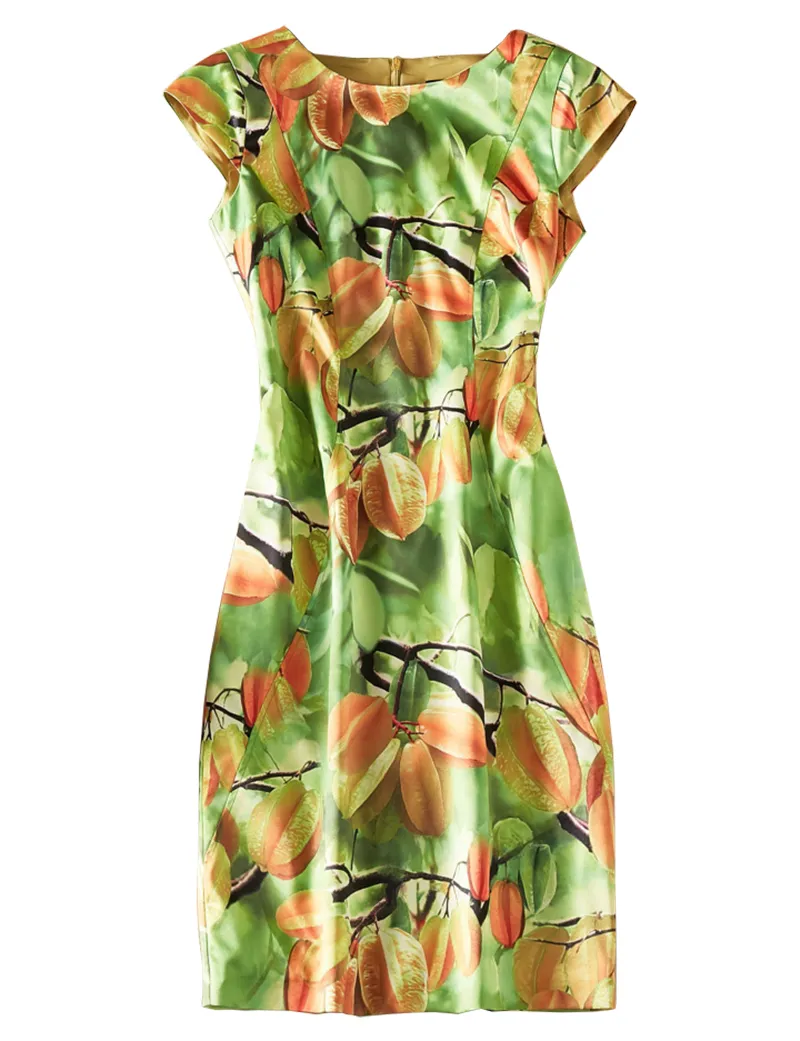 Carambola Print Women Sheath Dress Round Neck Cap Sleeve Casual Dresses 04K885