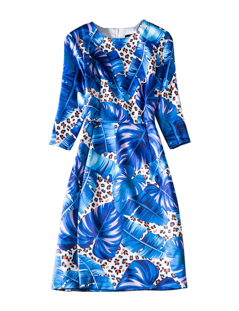 Leaves Print Women Sheath Dress Round Neck Fashion Dresses 09K1945