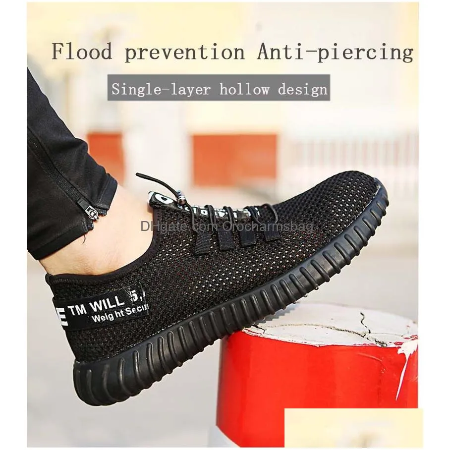 new women men work safety shoes breathable flying woven antismashing steel toe caps antipiercing fiber mens work shoes